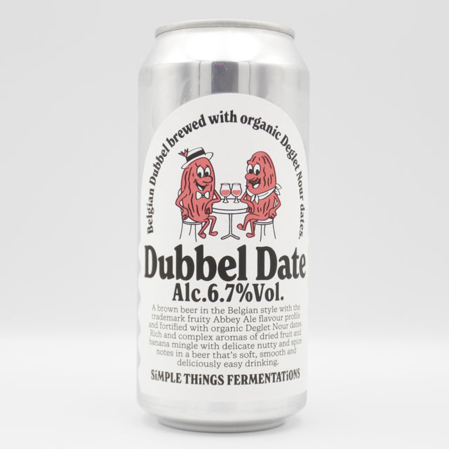 This is a can of Simple Things Fermentations - Dubbel Date - 6.7% (440ml). It is a Belgian Style craft beer available to buy from Ghost Whale, voted London's best craft beer shop.