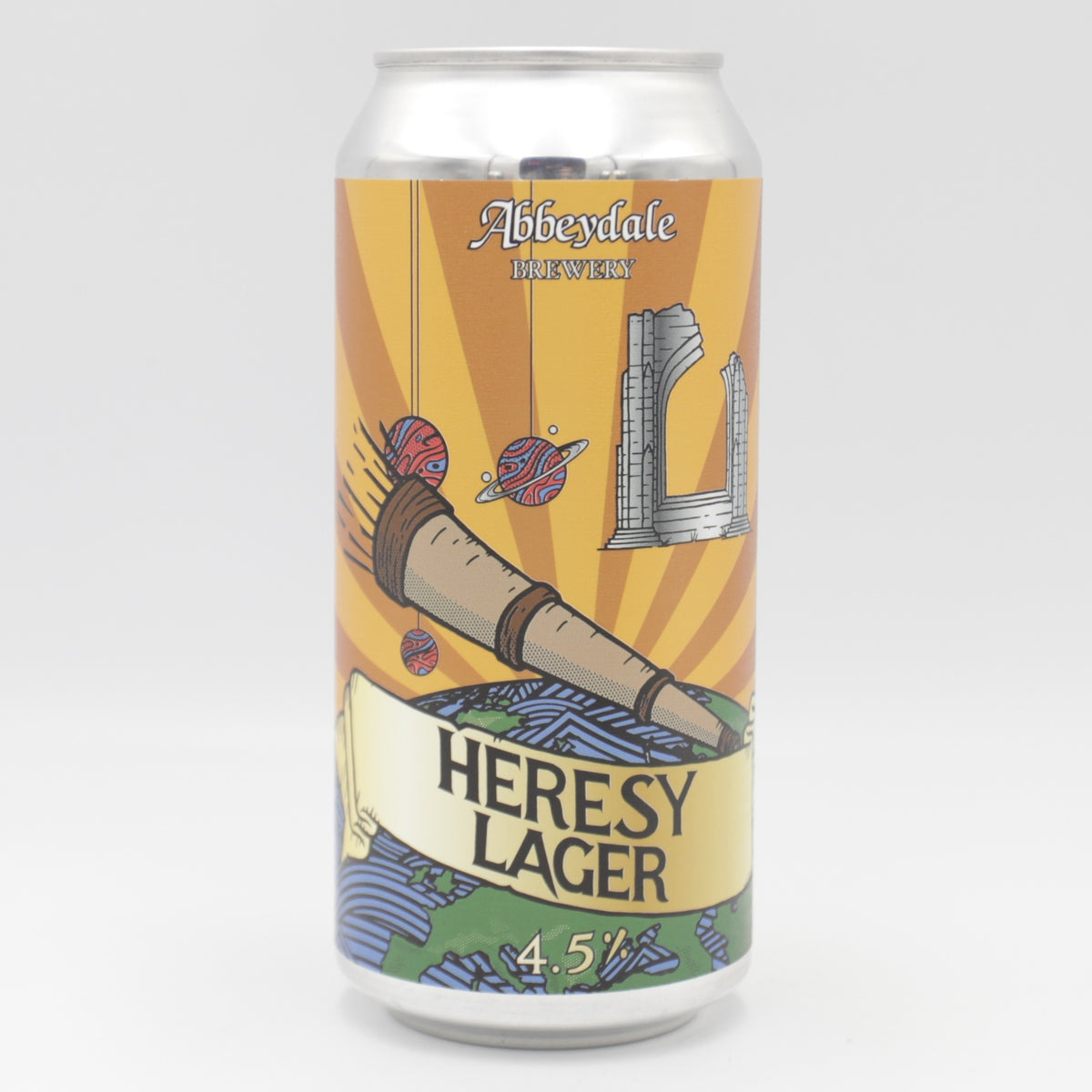 This is a can of Abbeydale - Heresy - 4.5% (440ml). It is a Lager / Pilsner / Kölsch craft beer available to buy from Ghost Whale, voted London's best craft beer shop.
