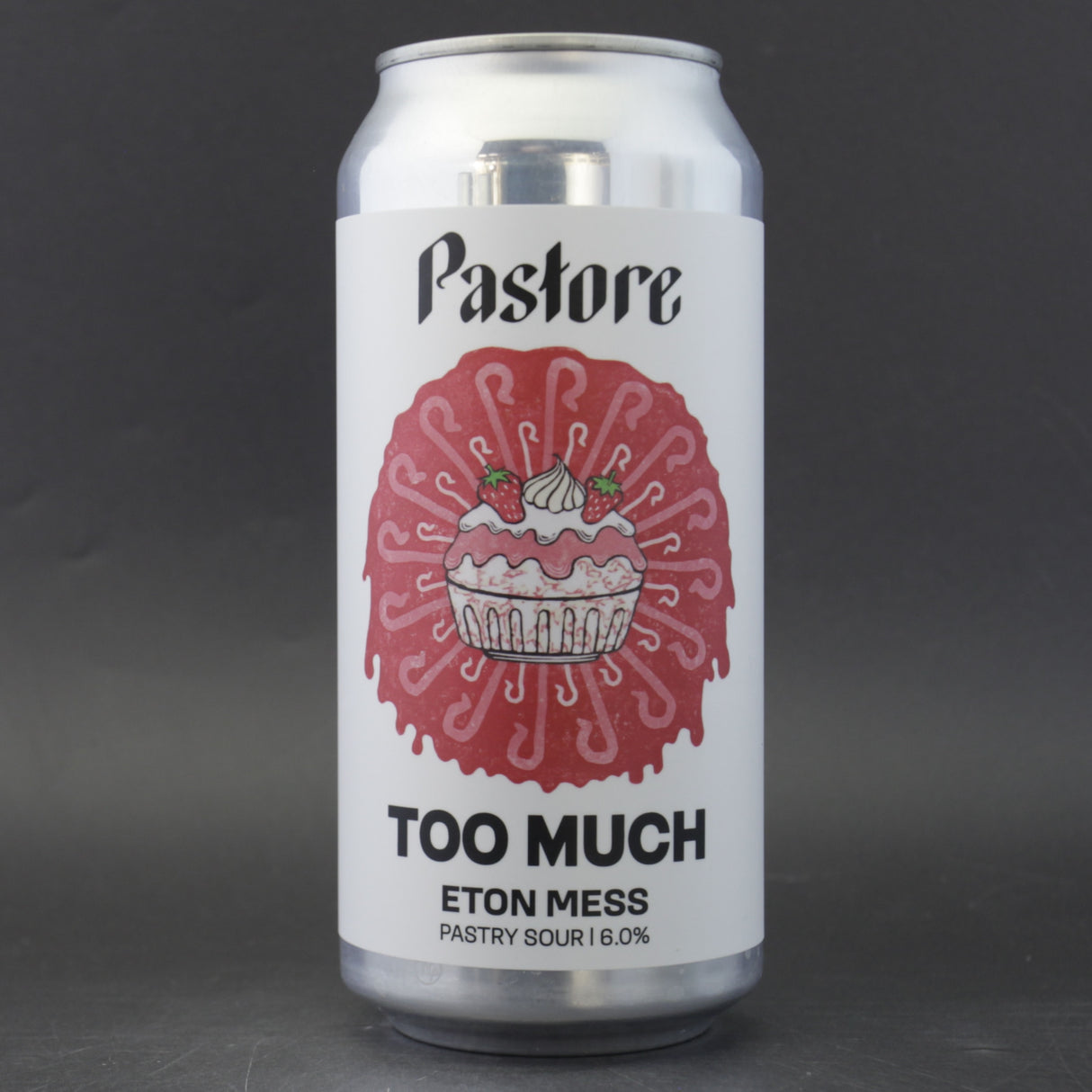 This is a can of Pastore - Too Much Eton Mess - 6% (440ml). It is a Sour craft beer available to buy from Ghost Whale, voted London's best craft beer shop.