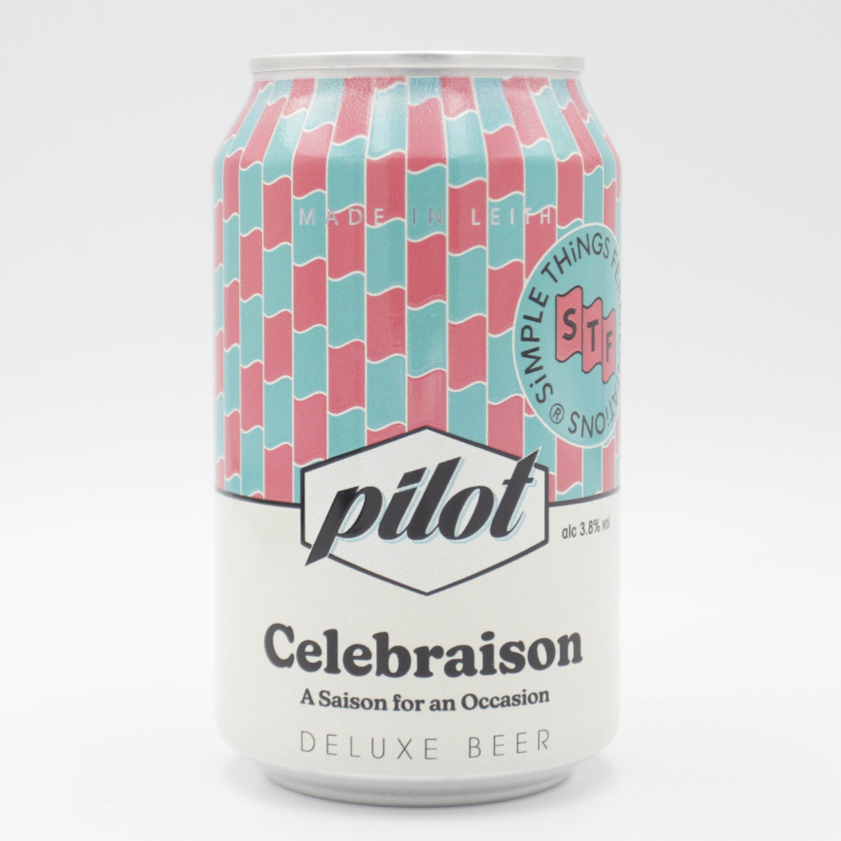 This is a can of Pilot / Simple Things Fermentations - Celebraison - 3.8% (330ml). It is a Saison craft beer available to buy from Ghost Whale, voted London's best craft beer shop.