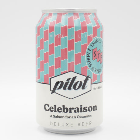 This is a can of Pilot / Simple Things Fermentations - Celebraison - 3.8% (330ml). It is a Saison craft beer available to buy from Ghost Whale, voted London's best craft beer shop.