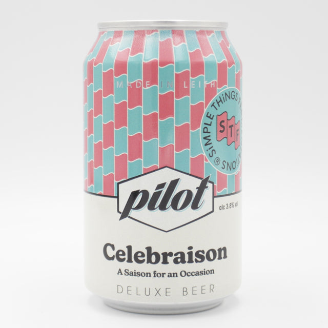 This is a can of Pilot / Simple Things Fermentations - Celebraison - 3.8% (330ml). It is a Saison craft beer available to buy from Ghost Whale, voted London's best craft beer shop.