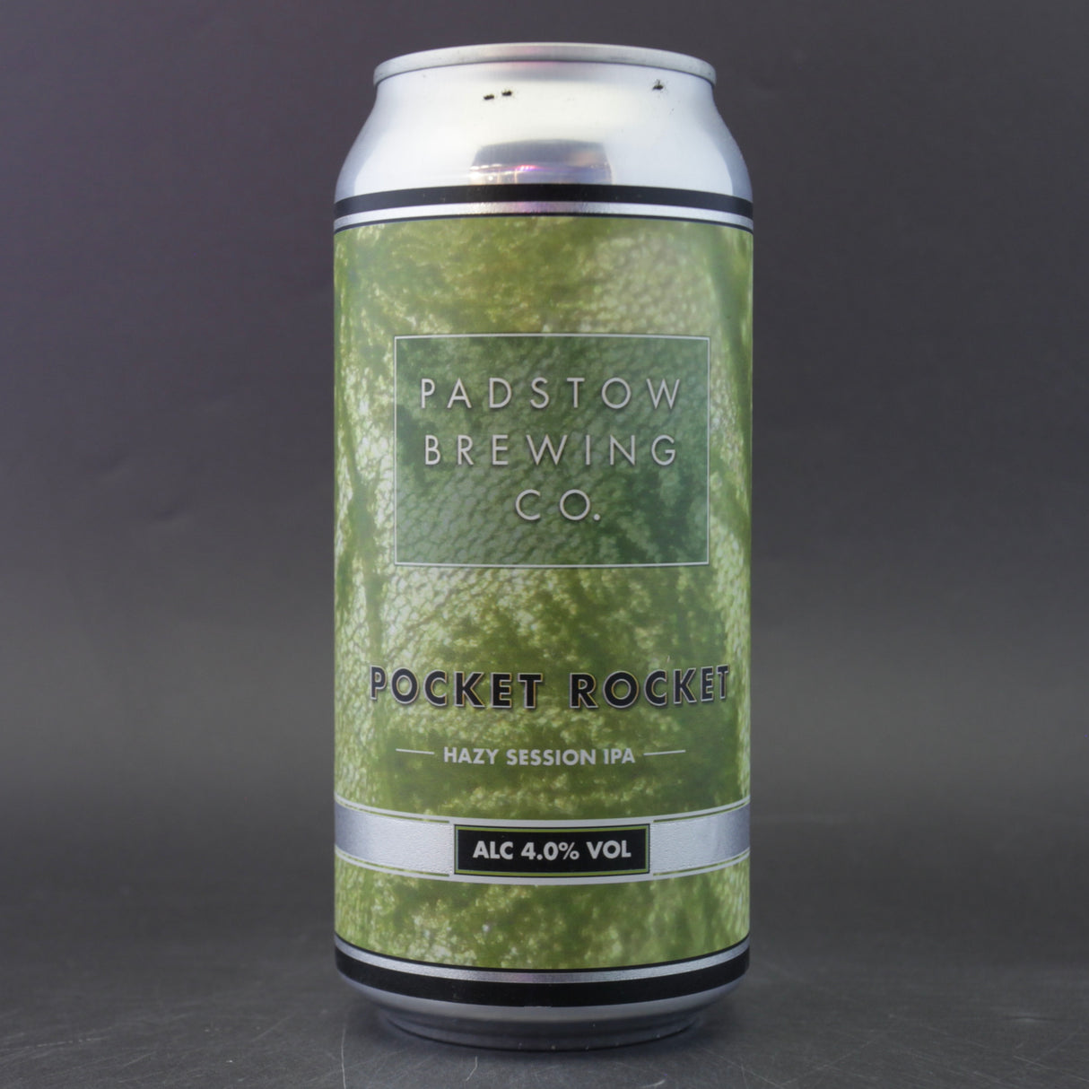 This is a can of Padstow Brewing - Pocket Rocket - 4% (440ml). It is a Session IPA craft beer available to buy from Ghost Whale, voted London's best craft beer shop.