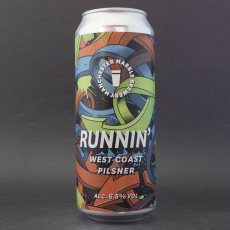 This is a can of Marble Beers - Runnin' - 6.5% (500ml). It is a Lager / Pilsner / Kölsch craft beer available to buy from Ghost Whale, voted London's best craft beer shop.