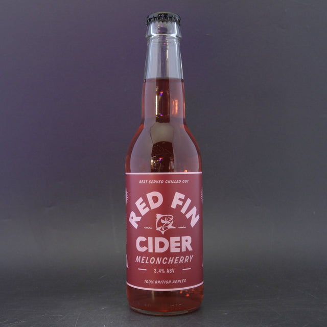 This is a bottle of Red Fin Cider - Meloncherry Cider - 3.4% (330ml). It is a  craft cider available to buy from Ghost Whale, voted London's best craft beer shop.