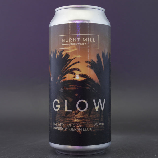 This is a can of Burnt Mill - Glow - 2% (440ml). It is a Radler craft beer available to buy from Ghost Whale, voted London's best craft beer shop.