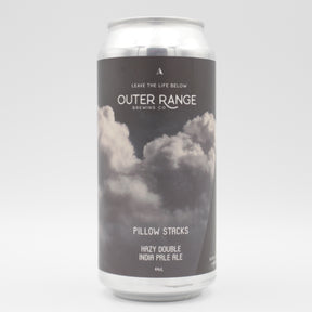 This is a can of Outer Range - Pillow Stacks - 7.6% (440ml). It is a Double IPA craft beer available to buy from Ghost Whale, voted London's best craft beer shop.