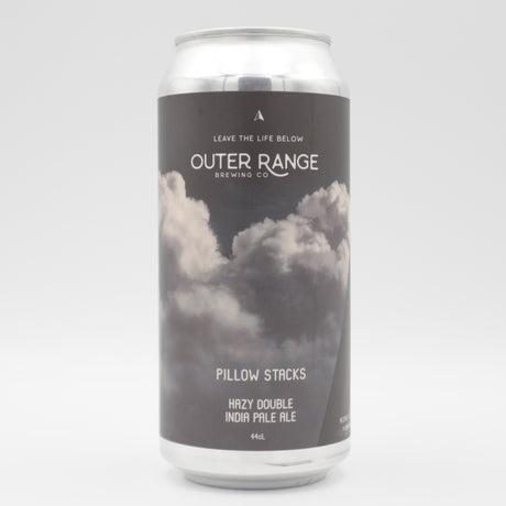 This is a can of Outer Range - Pillow Stacks - 7.6% (440ml). It is a Double IPA craft beer available to buy from Ghost Whale, voted London's best craft beer shop.