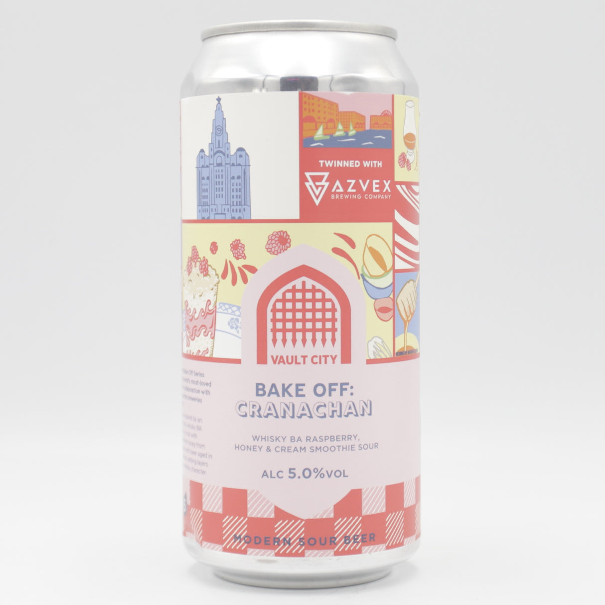 This is a can of Vault City / Azvex - Bake Off: Cranachan - 5% (440ml). It is a Sour craft beer available to buy from Ghost Whale, voted London's best craft beer shop.