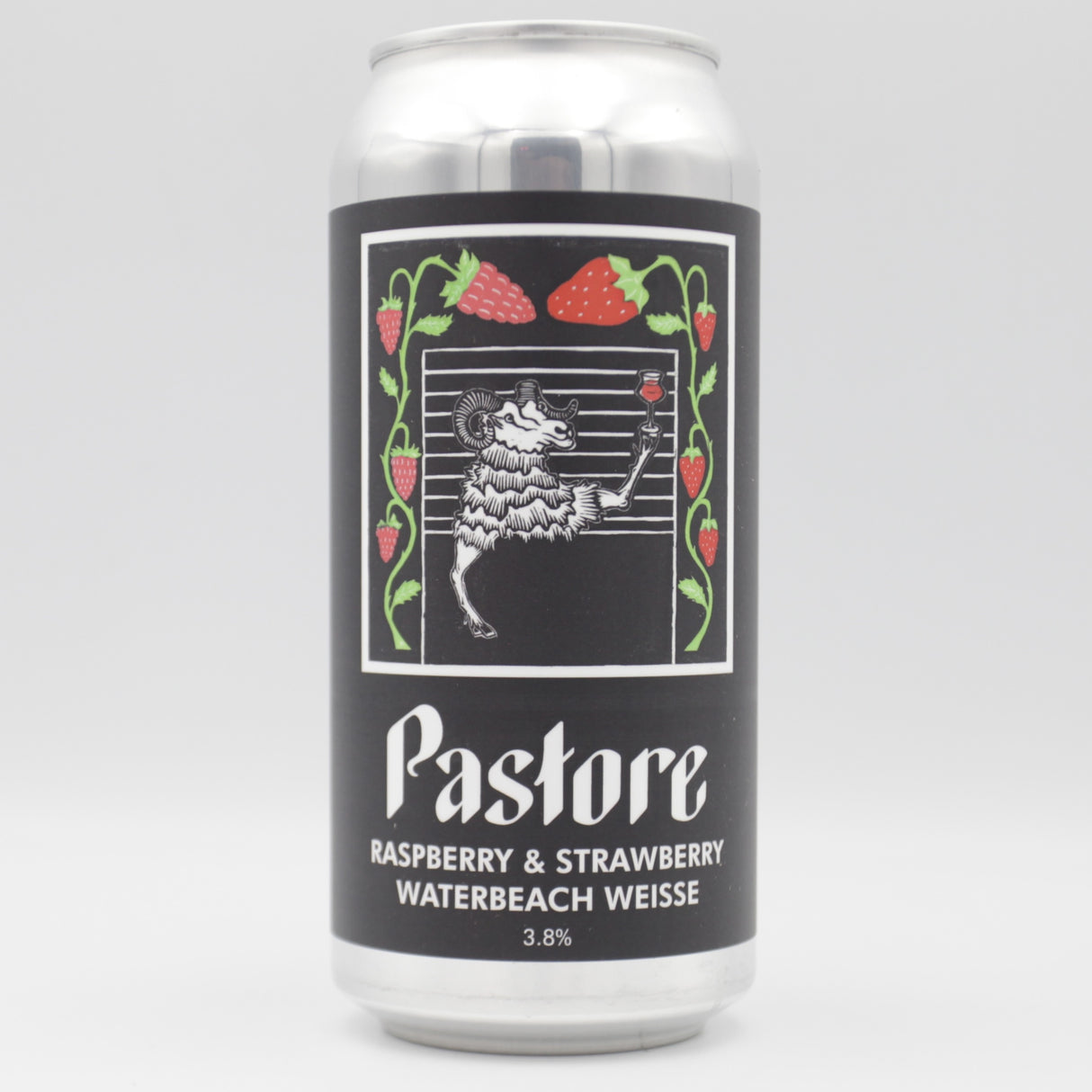 This is a can of Pastore - Strawberry & Raspberry Waterbeach Weisse - 3.8% (440ml). It is a Sour craft beer available to buy from Ghost Whale, voted London's best craft beer shop.