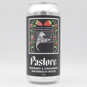 This is a can of Pastore - Strawberry & Raspberry Waterbeach Weisse - 3.8% (440ml). It is a Sour craft beer available to buy from Ghost Whale, voted London's best craft beer shop.