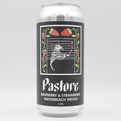 This is a can of Pastore - Strawberry & Raspberry Waterbeach Weisse - 3.8% (440ml). It is a Sour craft beer available to buy from Ghost Whale, voted London's best craft beer shop.
