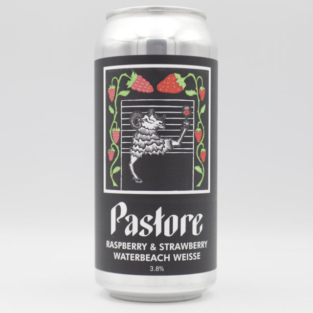 This is a can of Pastore - Strawberry & Raspberry Waterbeach Weisse - 3.8% (440ml). It is a Sour craft beer available to buy from Ghost Whale, voted London's best craft beer shop.