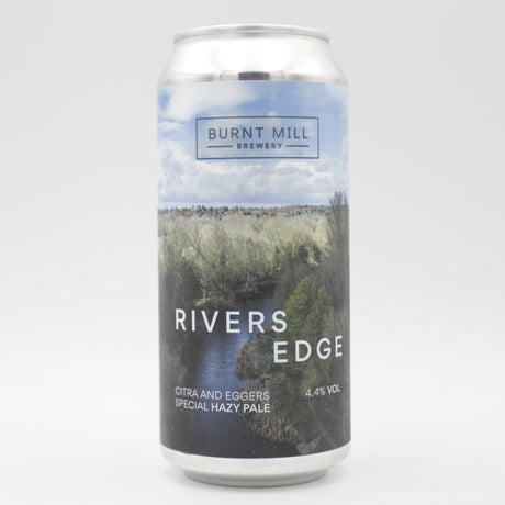 This is a can of Burnt Mill - Rivers Edge - 4.4% (440ml). It is a Pale Ale craft beer available to buy from Ghost Whale, voted London's best craft beer shop.