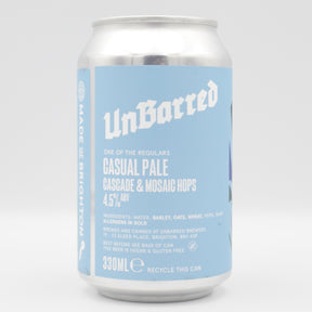 This is a can of UnBarred - Casual Pale - 4.5% (330ml). It is a Pale Ale craft beer available to buy from Ghost Whale, voted London's best craft beer shop.