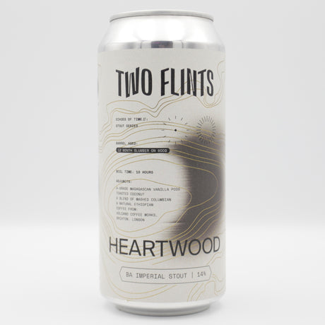 This is a can of Two Flints - Heartwood - 14% (440ml). It is a Imperial Stout / Porter craft beer available to buy from Ghost Whale, voted London's best craft beer shop.