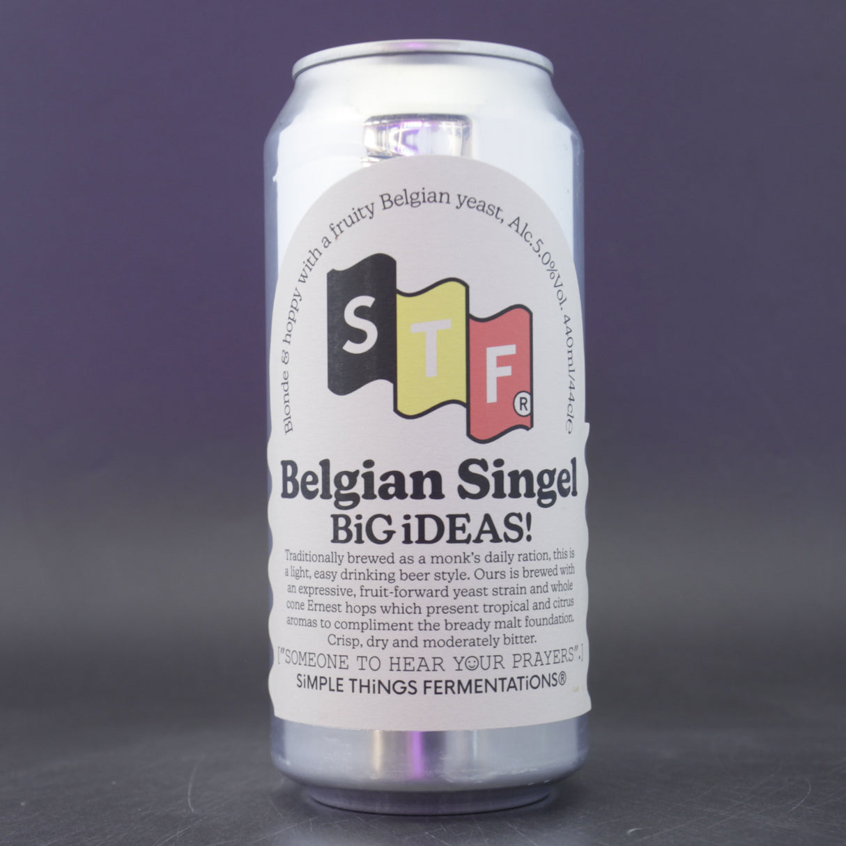 This is a can of Simple Things Fermentations - Belgian Singel - 5% (440ml). It is a Belgian Style craft beer available to buy from Ghost Whale, voted London's best craft beer shop.