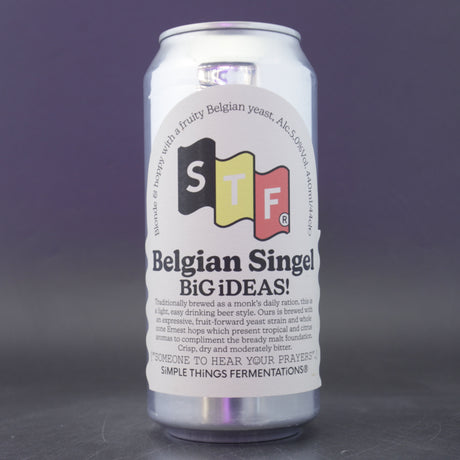 This is a can of Simple Things Fermentations - Belgian Singel - 5% (440ml). It is a Belgian Style craft beer available to buy from Ghost Whale, voted London's best craft beer shop.