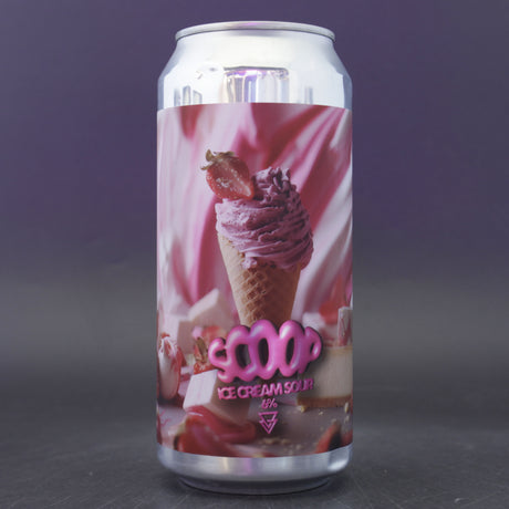 This is a can of Azvex - Scoop: Strawberry Cheesecake - 6% (440ml). It is a Sour craft beer available to buy from Ghost Whale, voted London's best craft beer shop.