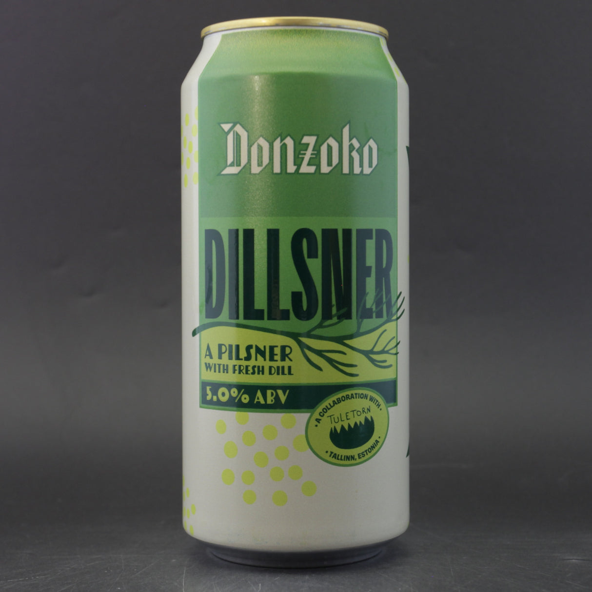 This is a can of Donzoko / Tuletorn - Dillsner - 4.2% (440ml). It is a Lager / Pilsner / Kölsch craft beer available to buy from Ghost Whale, voted London's best craft beer shop.