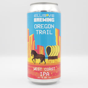 This is a can of Elusive Brewing - Oregon Trail - 5.8% (440ml). It is a IPA craft beer available to buy from Ghost Whale, voted London's best craft beer shop.