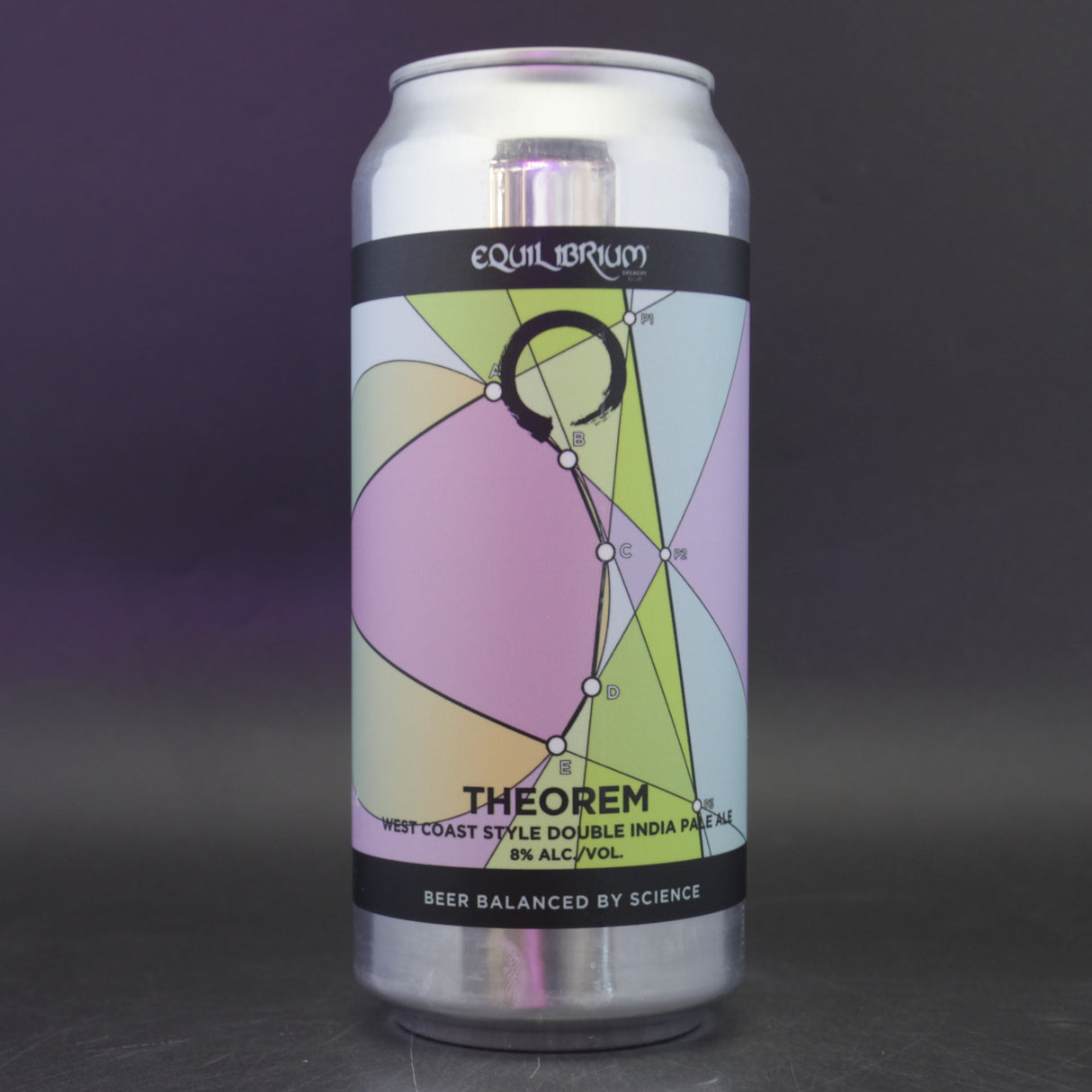 This is a can of Equilibrium - Theorem - 8% (473ml). It is a Double IPA craft beer available to buy from Ghost Whale, voted London's best craft beer shop.