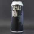 This is a can of Blood Brothers - Emerald Den - 7.4% (473ml). It is a IPA craft beer available to buy from Ghost Whale, voted London's best craft beer shop.