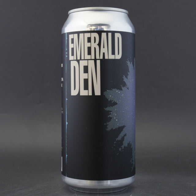 This is a can of Blood Brothers - Emerald Den - 7.4% (473ml). It is a IPA craft beer available to buy from Ghost Whale, voted London's best craft beer shop.