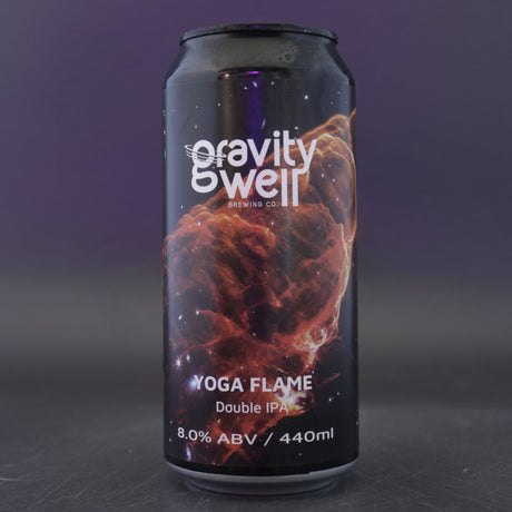 This is a can of Gravity Well - Yoga Flame - 8% (440ml). It is a Double IPA craft beer available to buy from Ghost Whale, voted London's best craft beer shop.