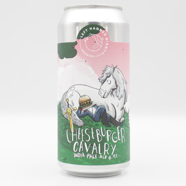 This is a can of Left Handed Giant - Cheeseburger Cavalry - 6.9% (440ml). It is a IPA craft beer available to buy from Ghost Whale, voted London's best craft beer shop.