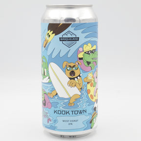 This is a can of Basqueland - Kook Town - 5.7% (440ml). It is a IPA craft beer available to buy from Ghost Whale, voted London's best craft beer shop.