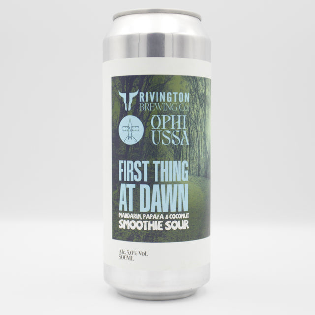 This is a can of Rivington / Elm Eleven / Ophiussa - First Thing At Dawn - 5% (500ml). It is a Sour craft beer available to buy from Ghost Whale, voted London's best craft beer shop.