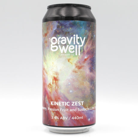 This is a can of Gravity Well - Kinetic Zest - 3.4% (440ml). It is a Sour craft beer available to buy from Ghost Whale, voted London's best craft beer shop.