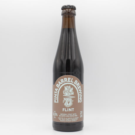 This is a bottle of Pinta - Flint - 12% (330ml). It is a Imperial Stout / Porter craft beer available to buy from Ghost Whale, voted London's best craft beer shop.