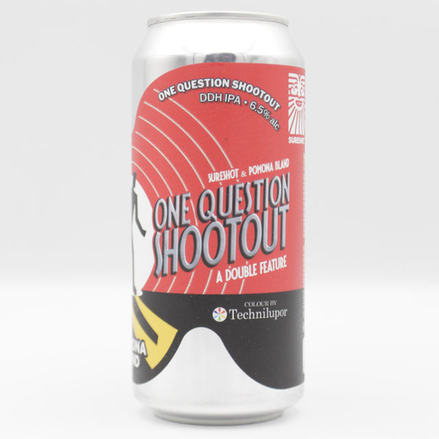This is a can of Sureshot / Pomona Island - One Question Shootout - 6.5% (440ml). It is a IPA craft beer available to buy from Ghost Whale, voted London's best craft beer shop.