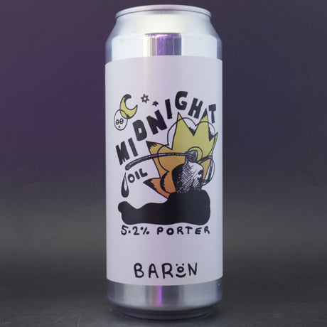 This is a can of Baron - Midnight Oil - 5.2% (500ml). It is a Stout / Porter craft beer available to buy from Ghost Whale, voted London's best craft beer shop.