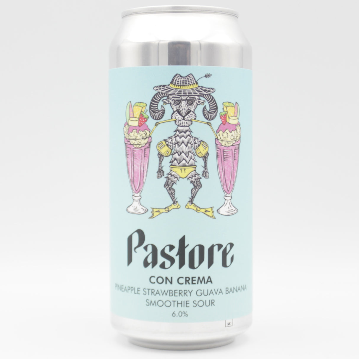 This is a can of Pastore - Con Crema: Pineapple, Strawberry, Guava, Banana - 6% (440ml). It is a Sour craft beer available to buy from Ghost Whale, voted London's best craft beer shop.