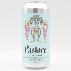 This is a can of Pastore - Con Crema: Pineapple, Strawberry, Guava, Banana - 6% (440ml). It is a Sour craft beer available to buy from Ghost Whale, voted London's best craft beer shop.