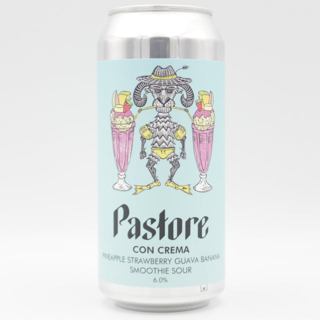 This is a can of Pastore - Con Crema: Pineapple, Strawberry, Guava, Banana - 6% (440ml). It is a Sour craft beer available to buy from Ghost Whale, voted London's best craft beer shop.