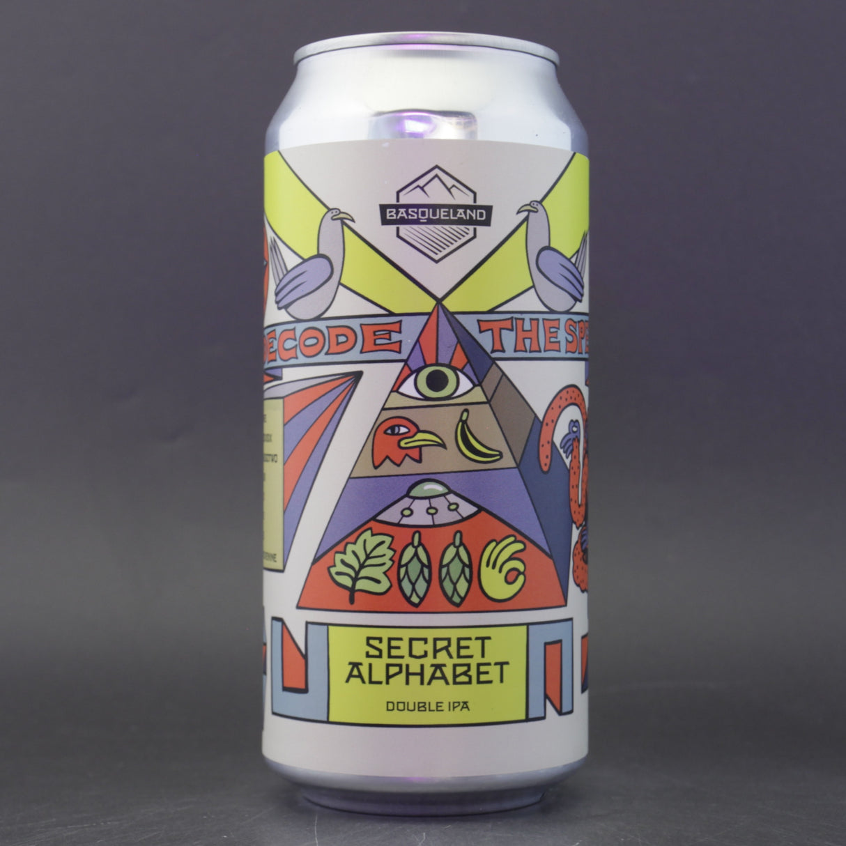 This is a can of Basqueland - Secret Alphabet - 8% (440ml). It is a Double IPA craft beer available to buy from Ghost Whale, voted London's best craft beer shop.