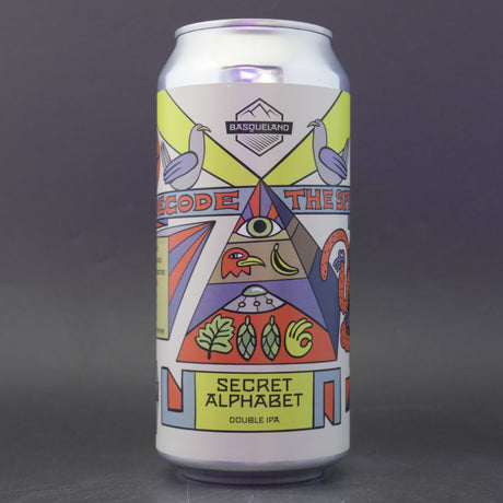 This is a can of Basqueland - Secret Alphabet - 8% (440ml). It is a Double IPA craft beer available to buy from Ghost Whale, voted London's best craft beer shop.