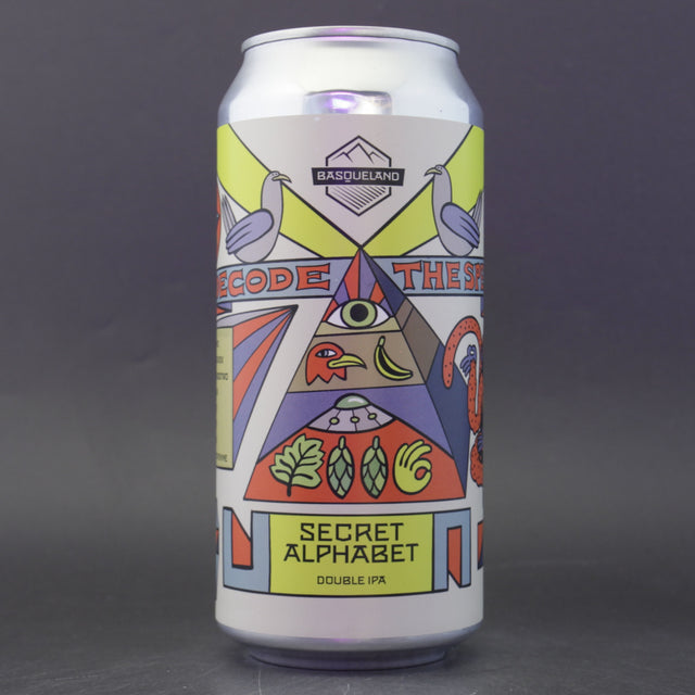 This is a can of Basqueland - Secret Alphabet - 8% (440ml). It is a Double IPA craft beer available to buy from Ghost Whale, voted London's best craft beer shop.