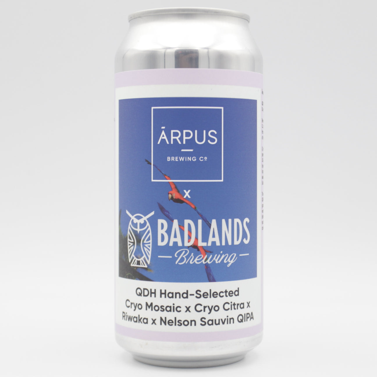 This is a can of Arpus Brewing Co / Badlands - Arpus x Badlands QDH Hand Selected Cryo Mosaic x Cryo Citra x Riwaka x Nelson Sauvin QIPA - 11% (440ml). It is a Triple IPA craft beer available to buy from Ghost Whale, voted London's best craft beer shop.
