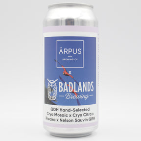 This is a can of Arpus Brewing Co / Badlands - Arpus x Badlands QDH Hand Selected Cryo Mosaic x Cryo Citra x Riwaka x Nelson Sauvin QIPA - 11% (440ml). It is a Triple IPA craft beer available to buy from Ghost Whale, voted London's best craft beer shop.
