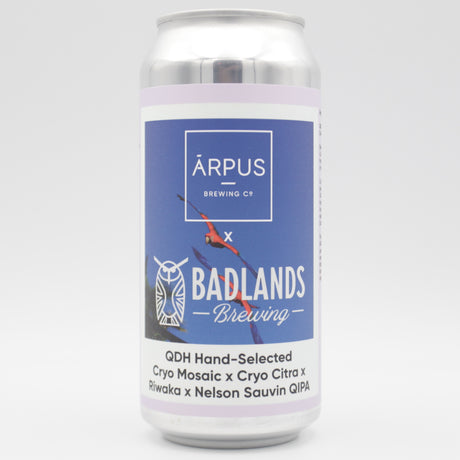 This is a can of Arpus Brewing Co / Badlands - Arpus x Badlands QDH Hand Selected Cryo Mosaic x Cryo Citra x Riwaka x Nelson Sauvin QIPA - 11% (440ml). It is a Triple IPA craft beer available to buy from Ghost Whale, voted London's best craft beer shop.