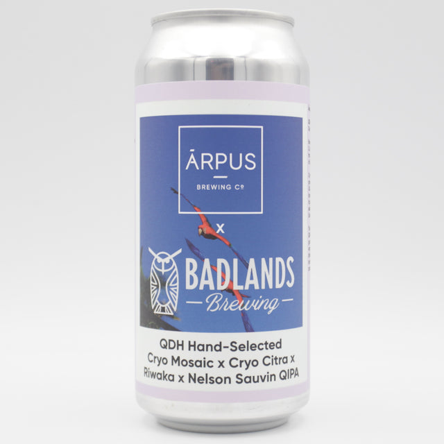 This is a can of Arpus Brewing Co / Badlands - Arpus x Badlands QDH Hand Selected Cryo Mosaic x Cryo Citra x Riwaka x Nelson Sauvin QIPA - 11% (440ml). It is a Triple IPA craft beer available to buy from Ghost Whale, voted London's best craft beer shop.