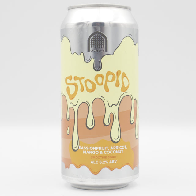 This is a can of Vault City - Stoopid: Passionfruit, Apricot, Mango & Coconut - 6.2% (440ml). It is a Sour craft beer available to buy from Ghost Whale, voted London's best craft beer shop.