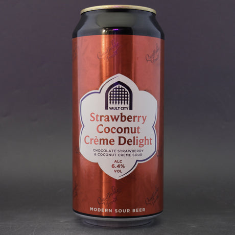 This is a can of Vault City - Strawberry Coconut Crème Delight - 6.4% (440ml). It is a Sour craft beer available to buy from Ghost Whale, voted London's best craft beer shop.