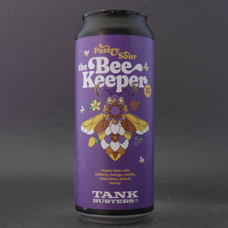 This is a can of Tank Busters - Beekeeper vol.13: Bilberry, Mango, Vanilla & Chocolate - 5% (500ml). It is a Sour craft beer available to buy from Ghost Whale, voted London's best craft beer shop.