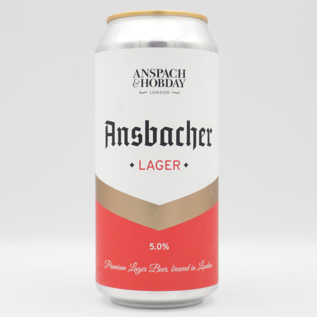 This is a can of Anspach & Hobday - Ansbacher Lager - 5% (440ml). It is a Lager / Pilsner / Kölsch craft beer available to buy from Ghost Whale, voted London's best craft beer shop.